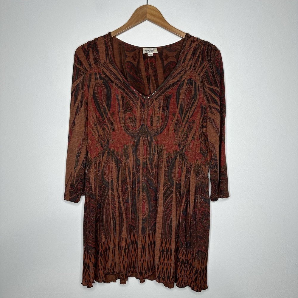 One World Babydoll Tunic Top Brown‎ Paisley Embellished Boho Size 1X